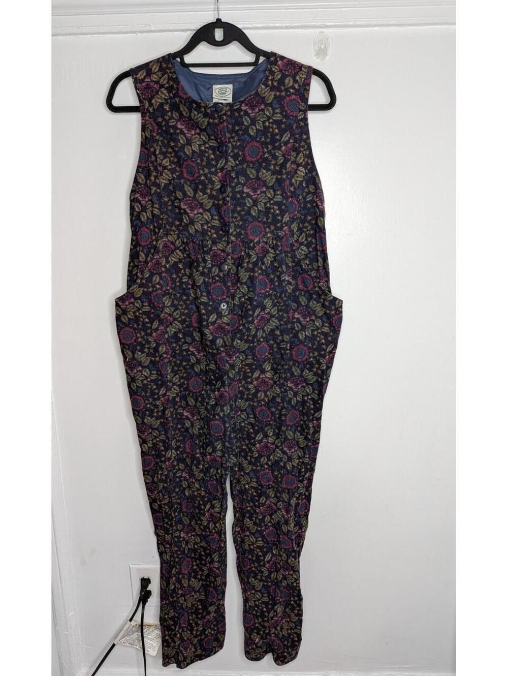 VTG Laura Ashley Jumpsuit Womens Small Blue Floral Corduroy Button Pockets 90s